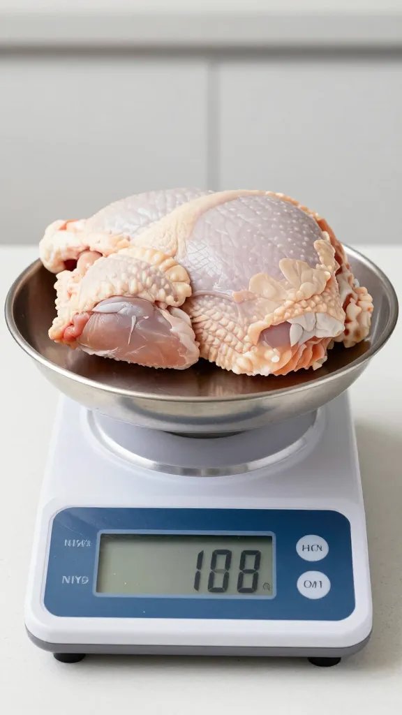 Kitchen scale weighing a raw chicken thigh