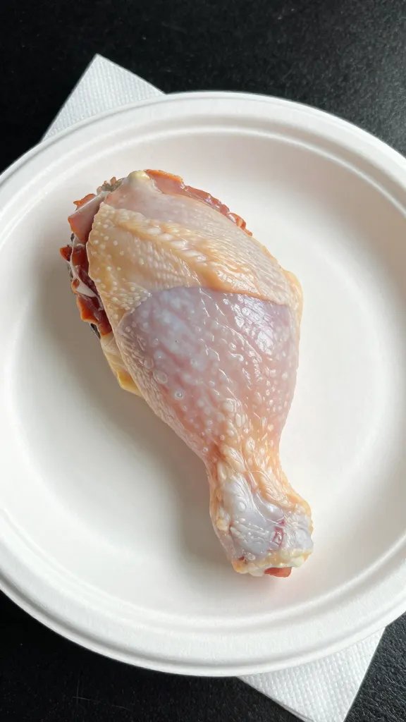 Single chicken thigh on disposable plate with napkin