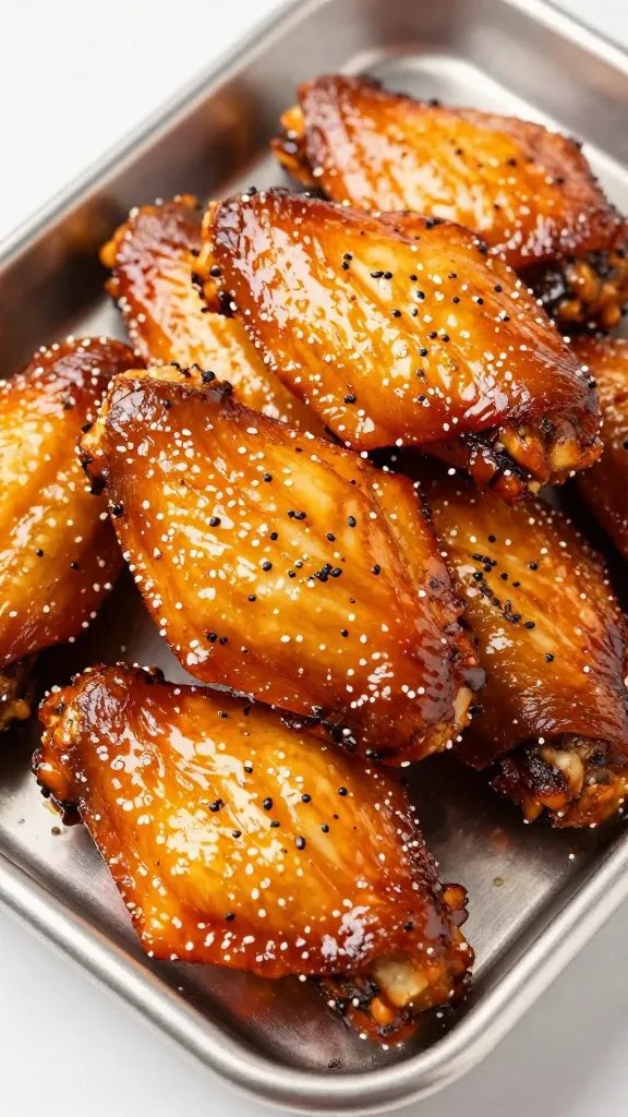 stainless tray piled with glazed buffalo wings, closeup