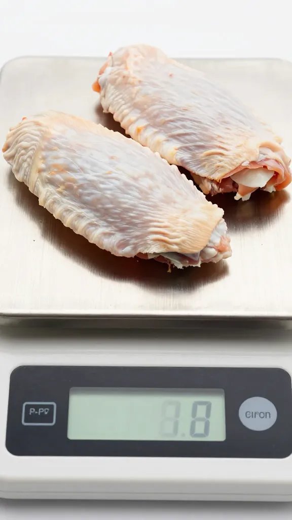 digital kitchen scale weighing raw chicken wing pieces, closeup