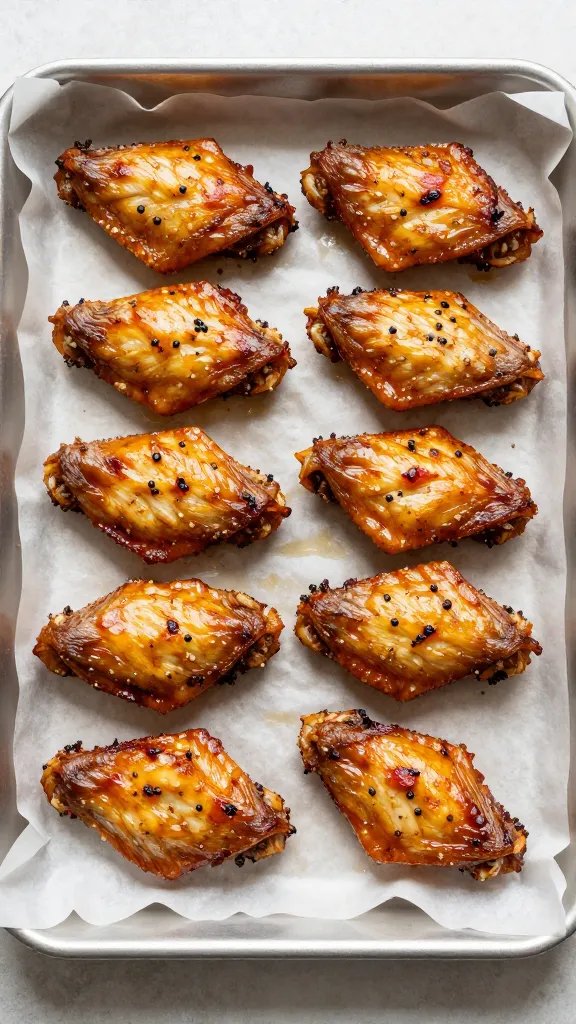 single sheet pan of baked wings on parchment, overhead