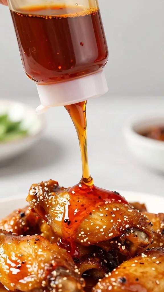 squeeze bottle drizzling spicy wing sauce over wings, macro