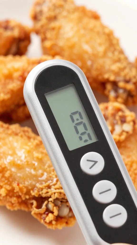instant-read thermometer in fried chicken wing, closeup