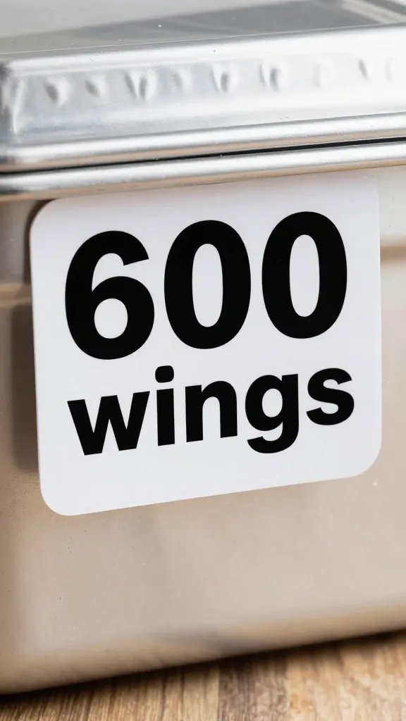 aluminum catering pan labeled “600 wings,” closeup tag focus