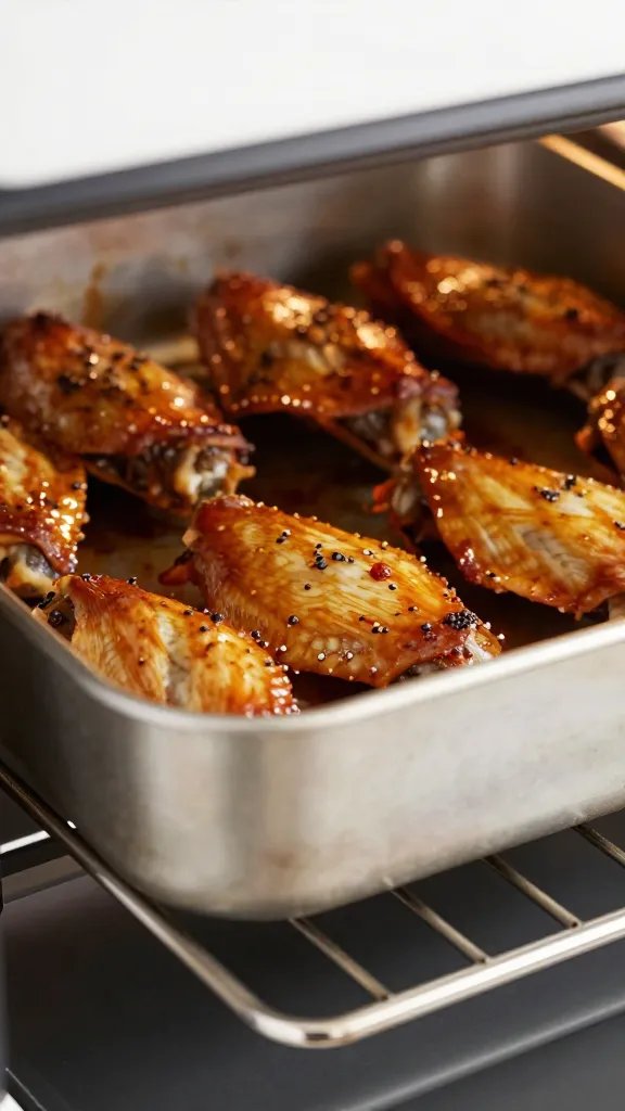 convection oven rack holding one pan of wings, closeup