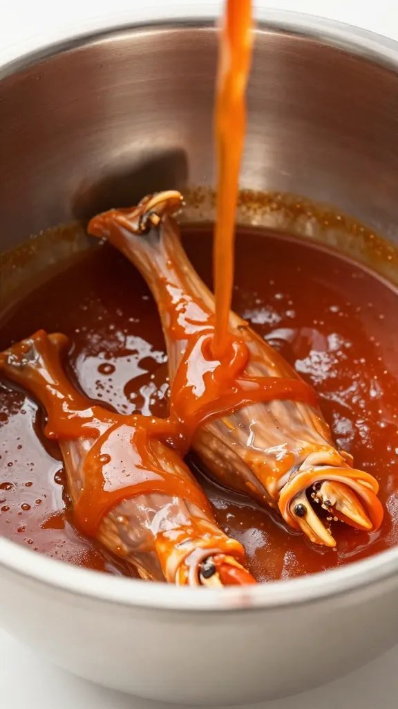 single wing tossed in sauce inside stainless mixing bowl, macro