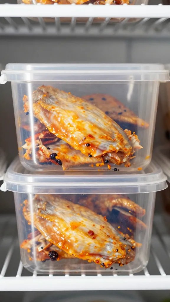 airtight container of seasoned raw wings, fridge shelf closeup