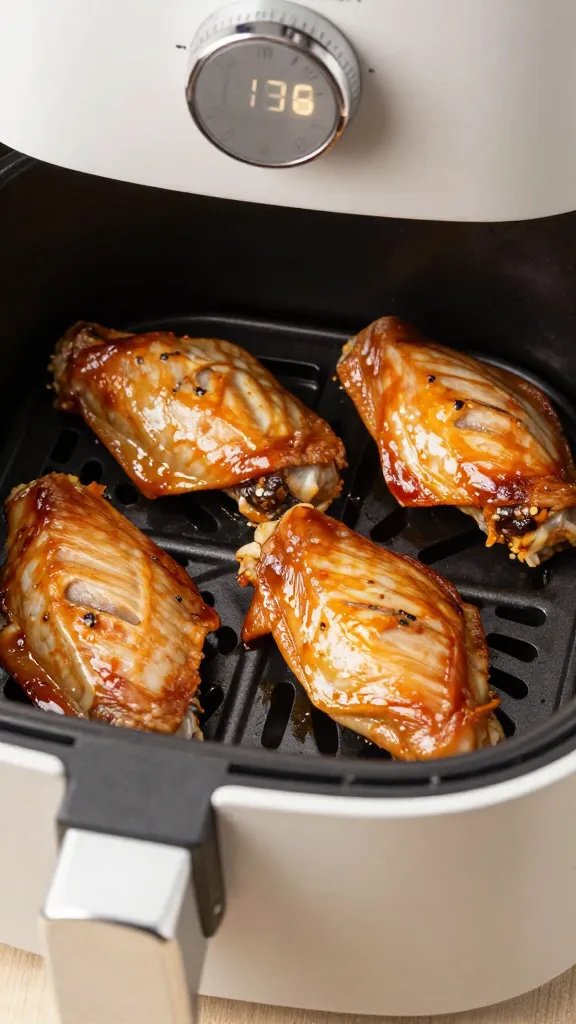 rewarming wings in air fryer basket, timer display closeup