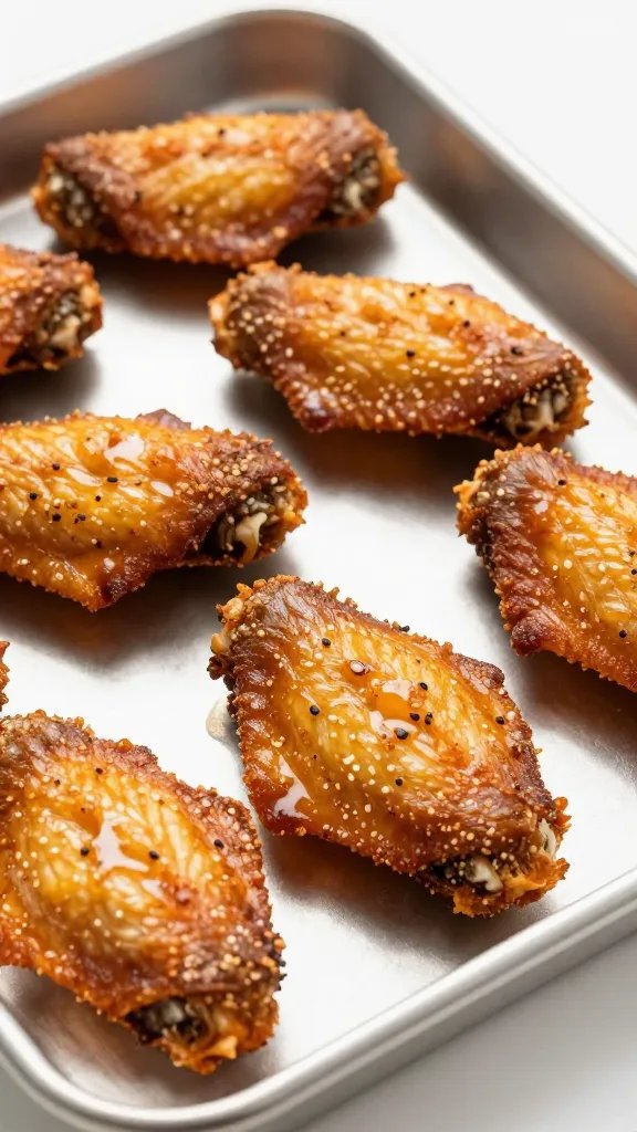 stainless baking sheet with crispy baked wing closeup