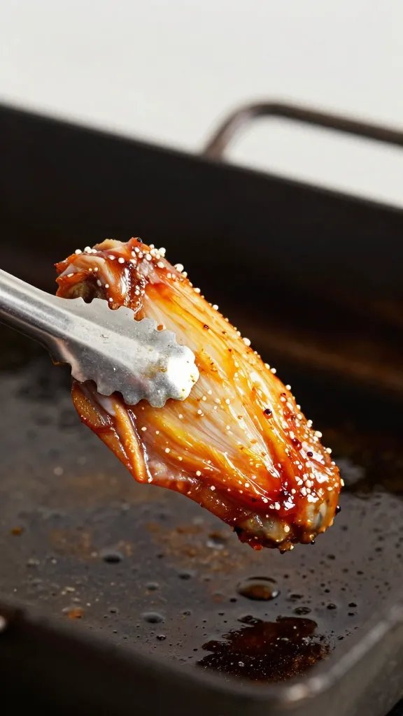 single sauced wing held with tongs over fryer