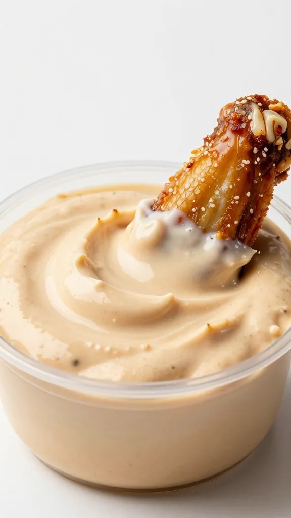 closeup of ranch dip cup with one wing dunked