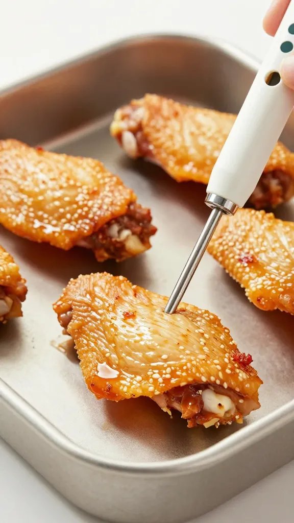 oven tray thermometer probe inserted in chicken wing