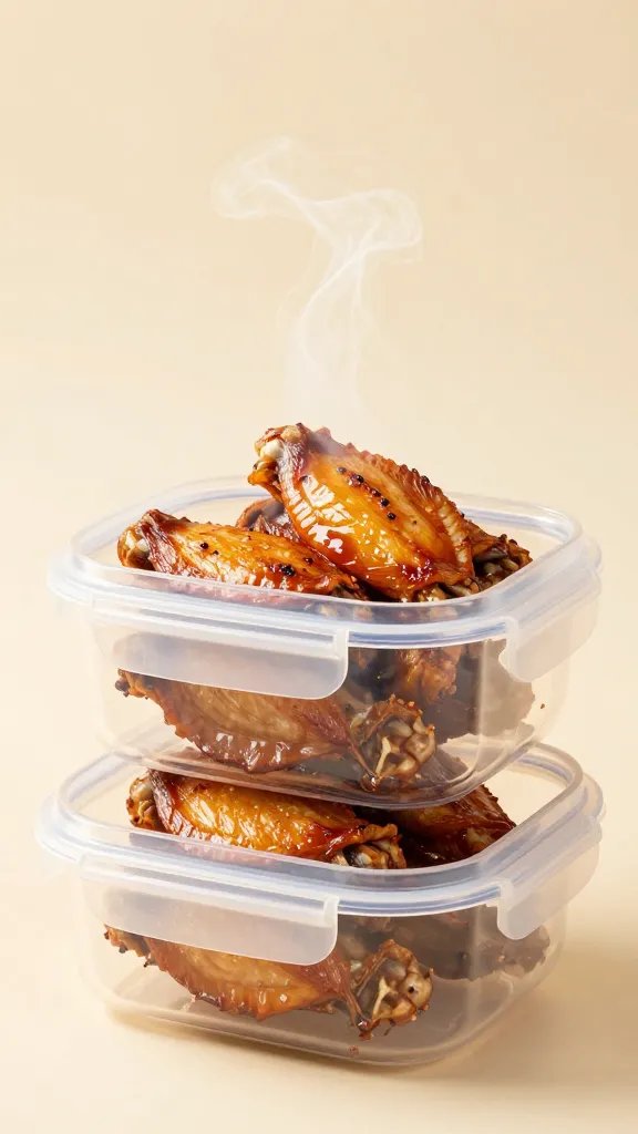 airtight meal prep container with reheated wing steam