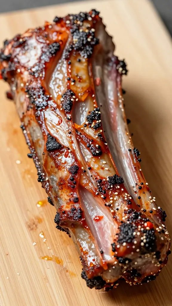 Closeup of sauced St. Louis rack on cutting board