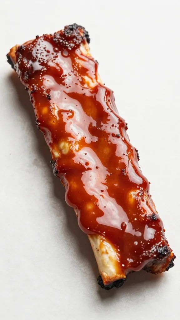 Brushed-on barbecue sauce glaze on one rib