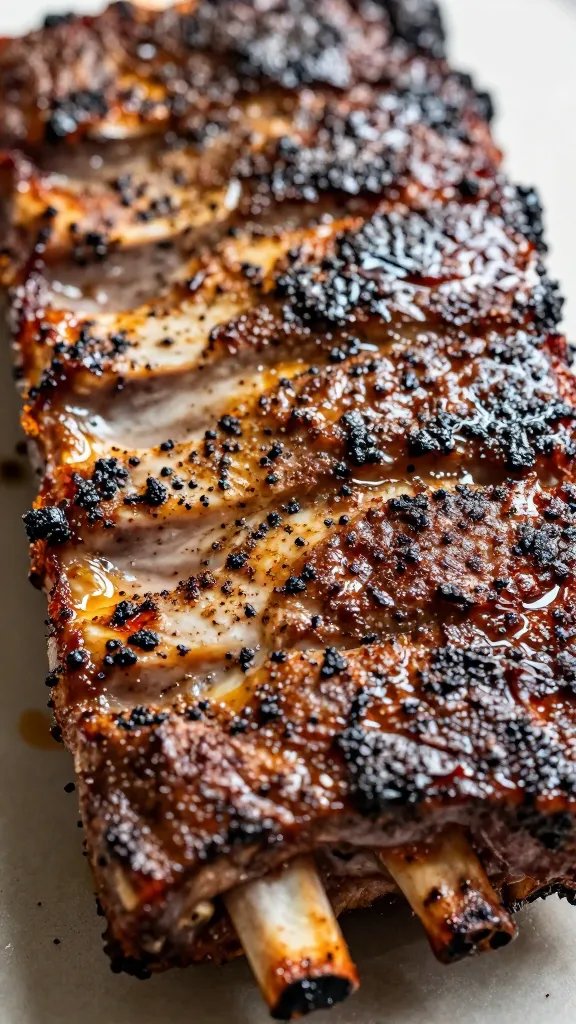 Dry-rubbed rib rack before cooking, closeup texture