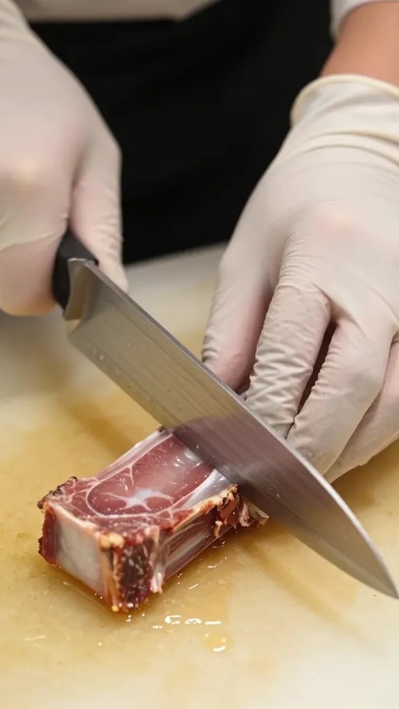 Chef’s gloved hand slicing one rib slab closeup