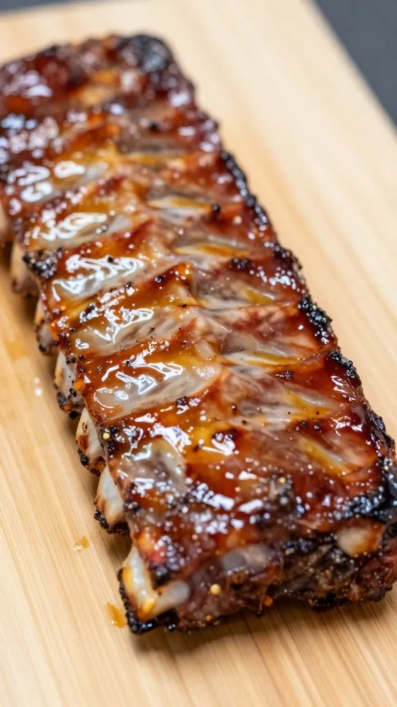 closeup of glazed baby back rib rack on cutting board