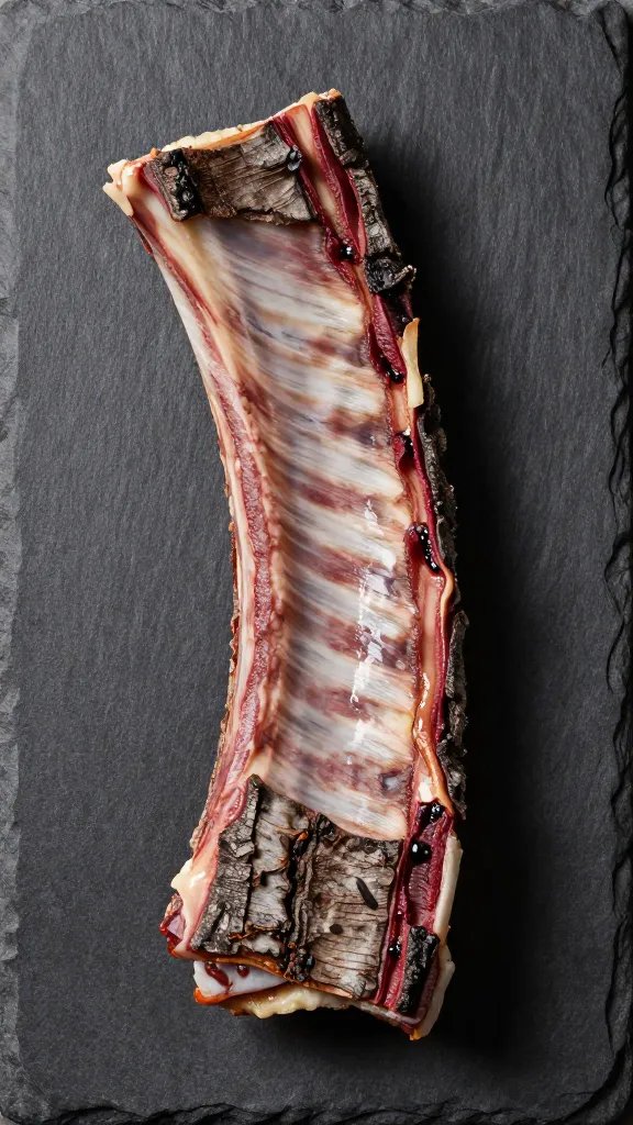 single spare rib rack with bark, on dark slate