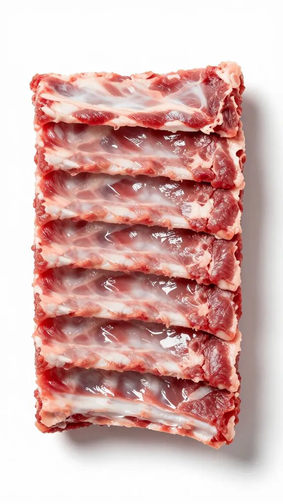 trimmed baby back rack showing 11 ribs, overhead