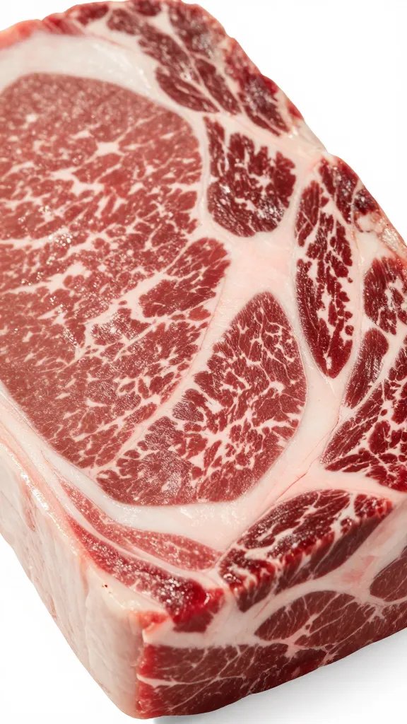 meaty St. Louis spare rack with visible marbling, closeup