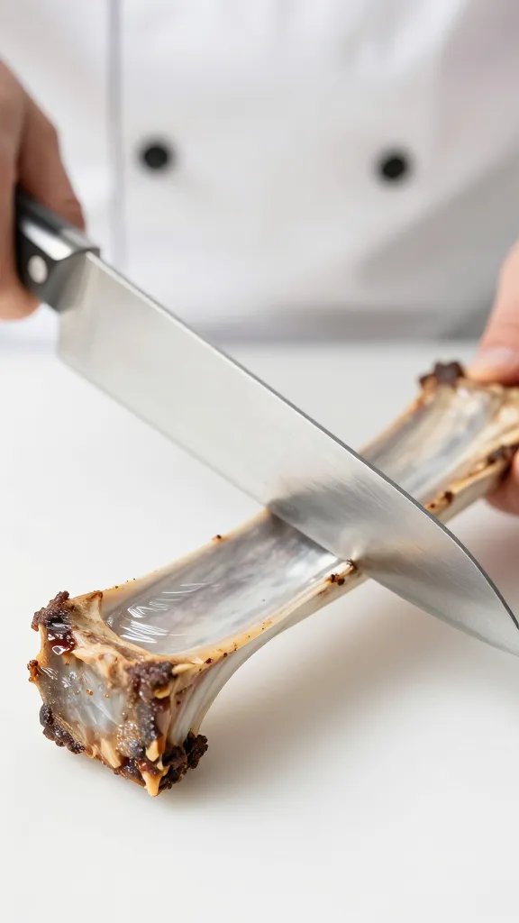 chef’s slicing knife poised over one rib bone, macro