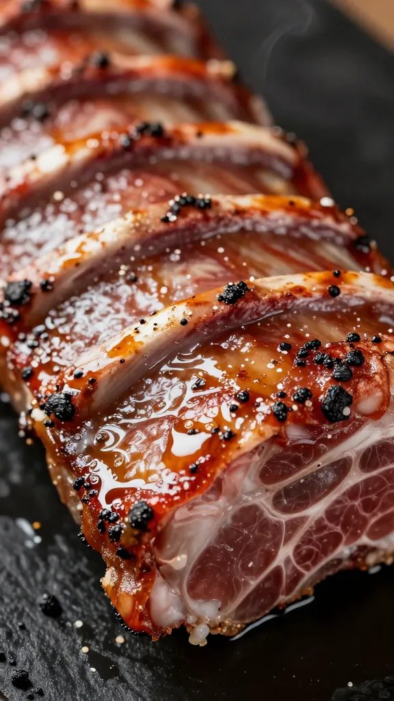 sauced rib end bone with smoke ring, extreme closeup