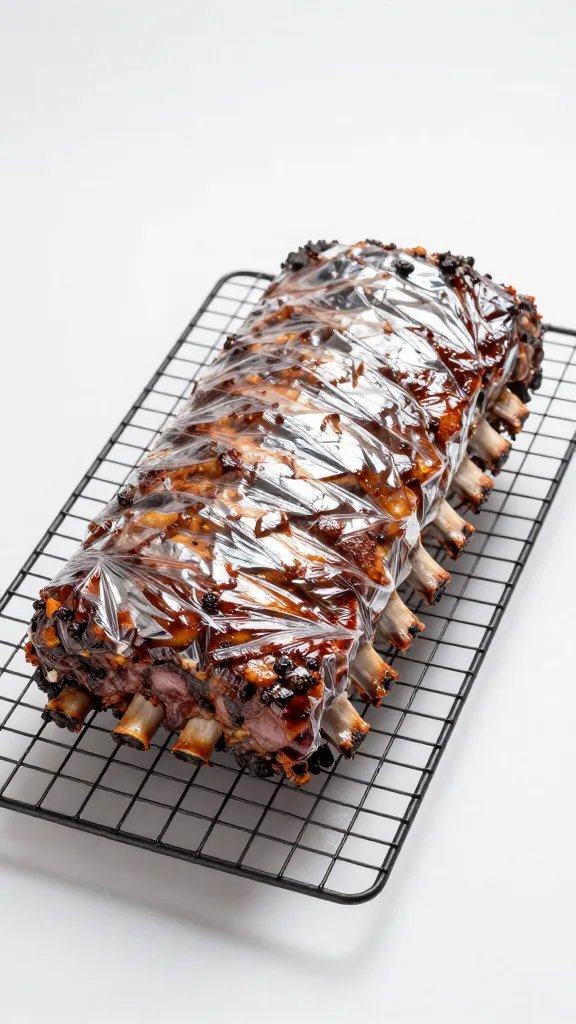 foil-wrapped rib rack resting on wire rack, studio light