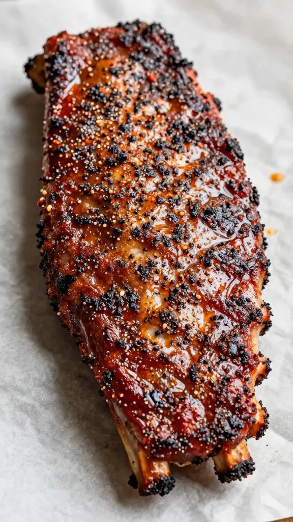 dry-rubbed baby back rack on parchment, texture detail