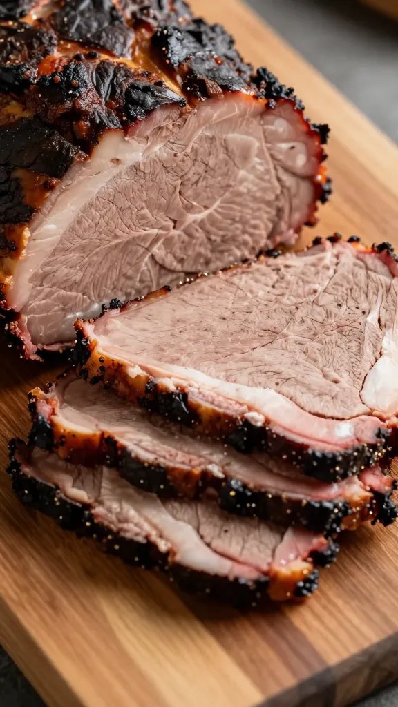 closeup of sliced smoked brisket on wooden cutting board