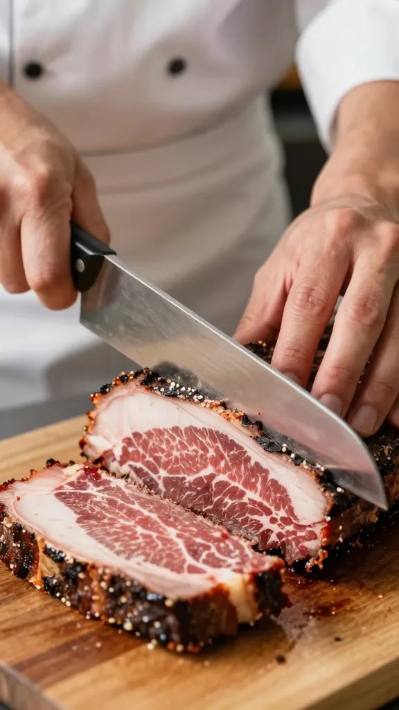 chef’s slicing knife poised over brisket grain, closeup