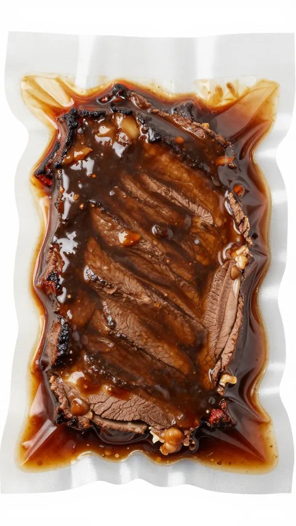 single vacuum-sealed brisket portion in au jus, macro