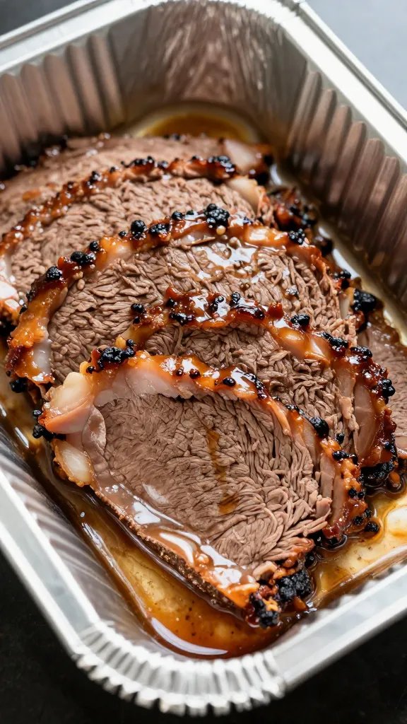 single aluminum pan of sliced brisket with juices, closeup