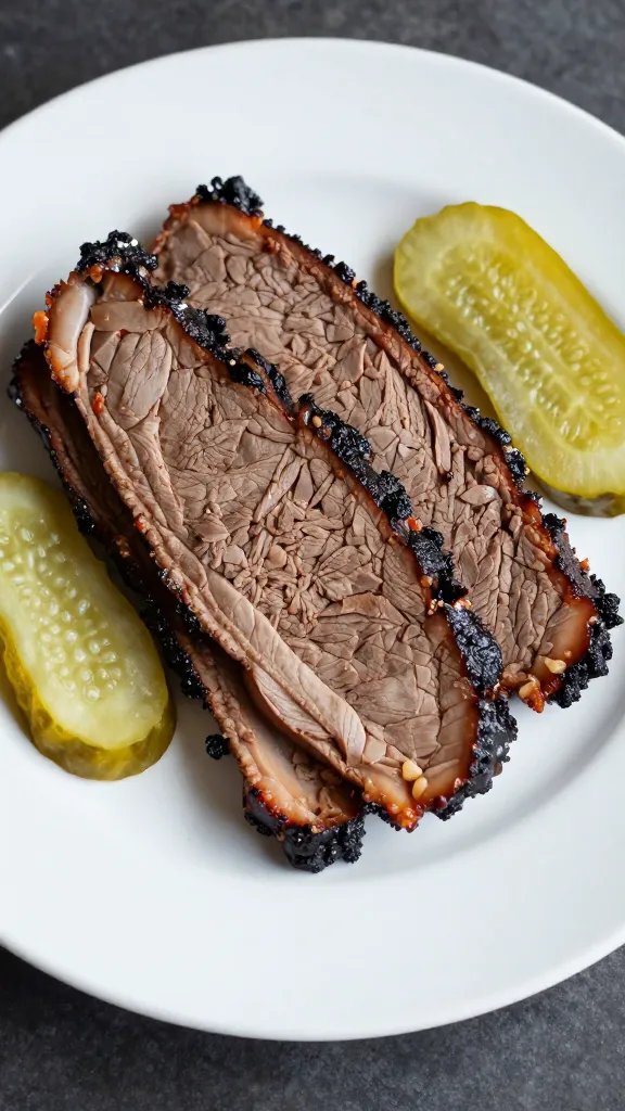 single serving plate of brisket with pickles, shallow depth
