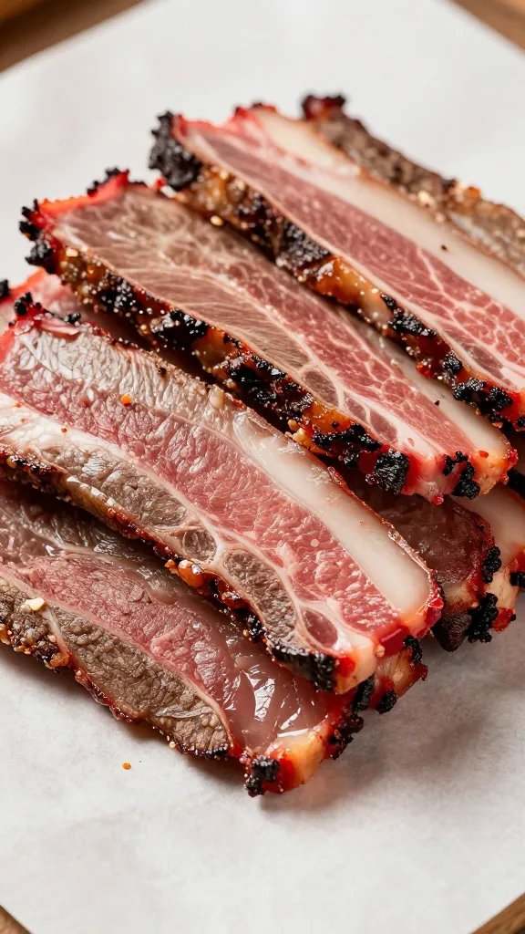 pile of rendered brisket trimmings on butcher paper, macro