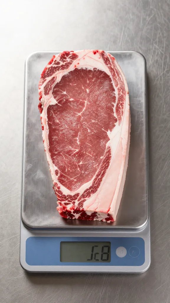 single measuring scale weighing raw brisket, stainless surface