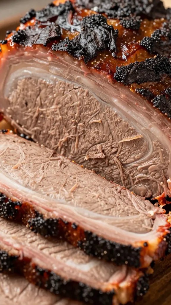 closeup of sliced smoked brisket with visible smoke ring
