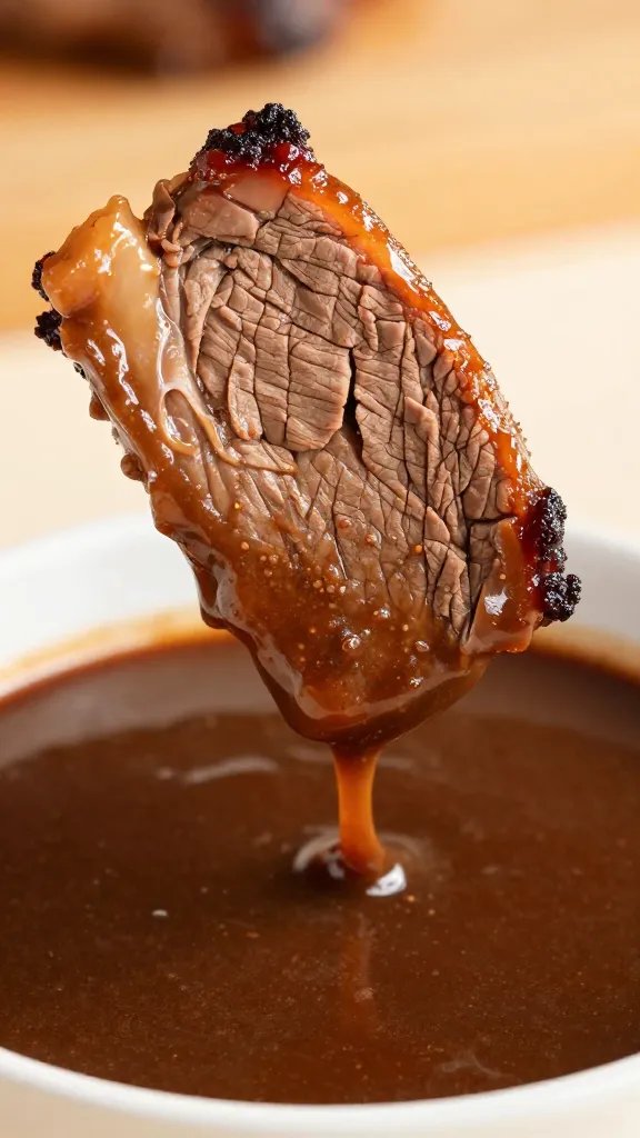 single brisket slice dipped in au jus, macro shot