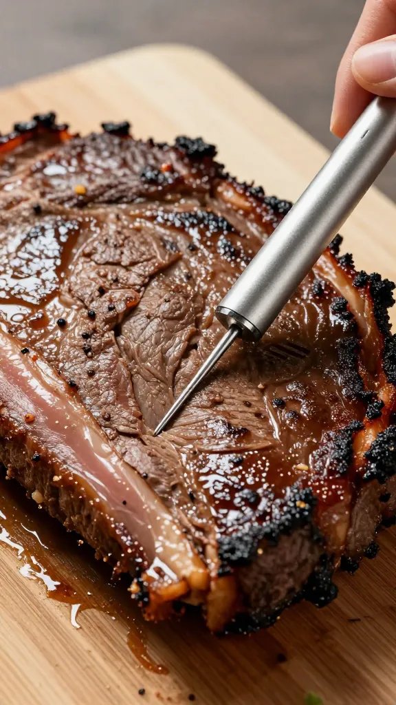meat thermometer probe inserted into brisket flat