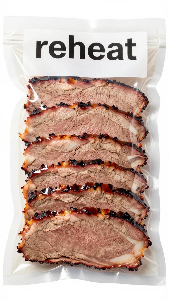 vacuum-sealed brisket slices labeled “reheat”