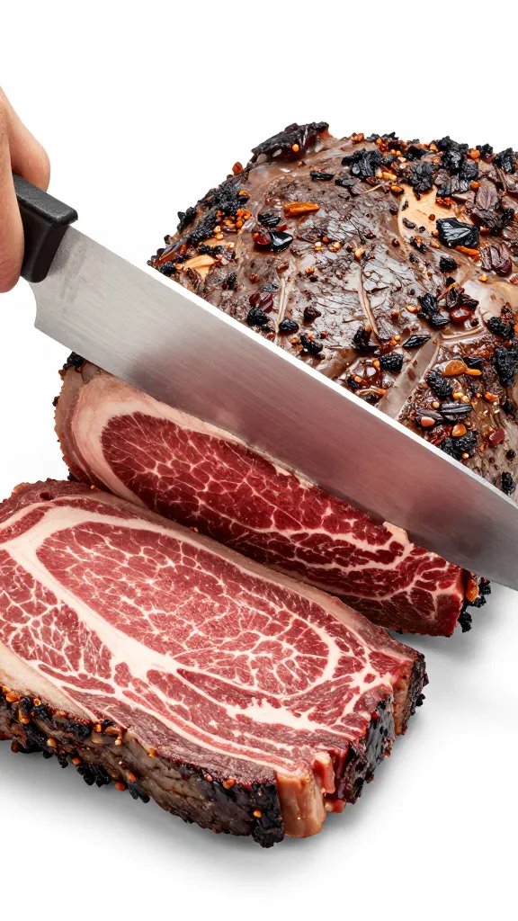 carving knife slicing brisket across the grain