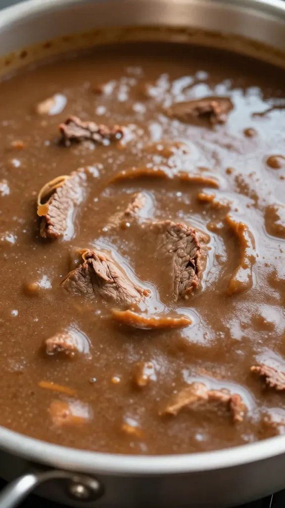 aluminum pan of brisket au jus, closeup surface sheen