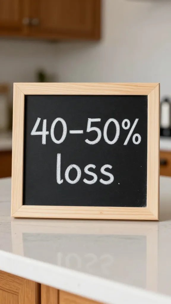 chalkboard sign reading “40–50% loss,” kitchen counter backdrop
