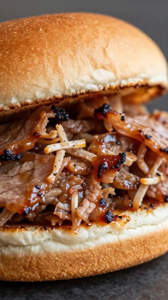 closeup of a pulled pork sandwich on a standard bun