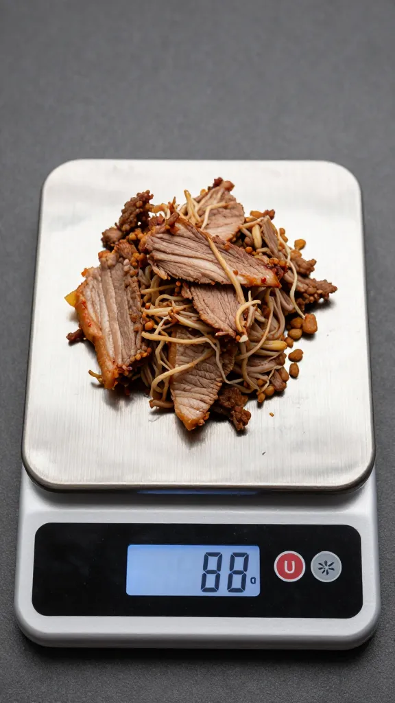 stainless kitchen scale displaying 6 ounces of pulled pork