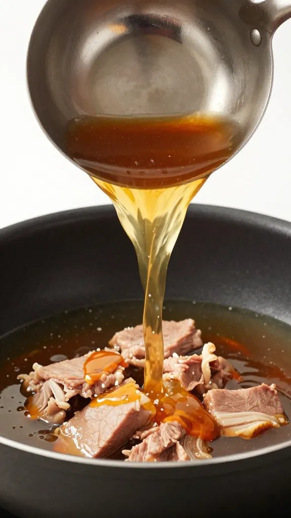 ladle pouring reserved pork juices into pan
