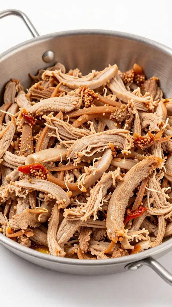 aluminum hotel pan filled with shredded pork