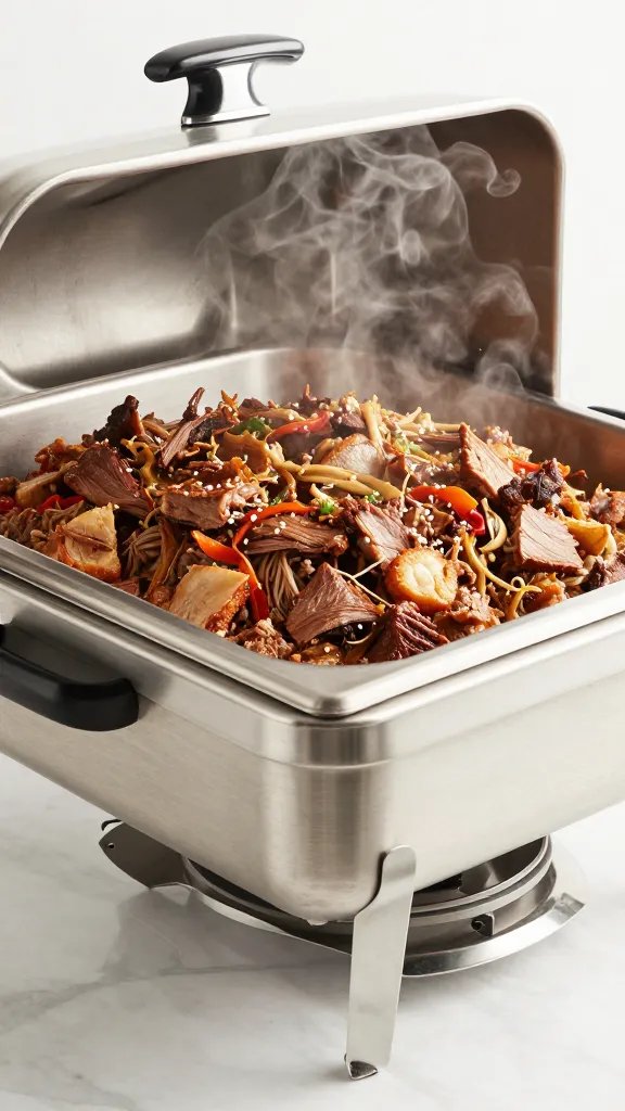 catering chafing dish with steaming pulled pork
