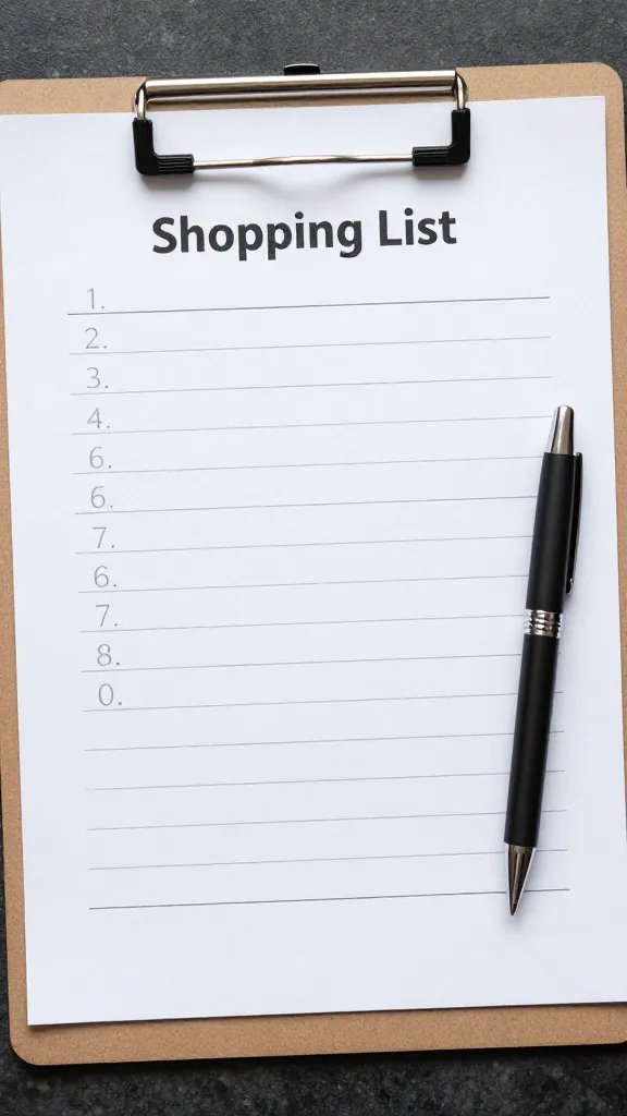 printed shopping list on clipboard with pen