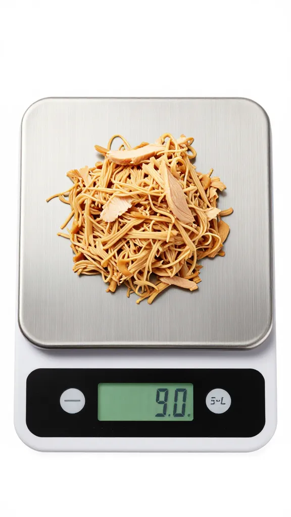 digital kitchen scale showing 5-ounce pulled chicken portion